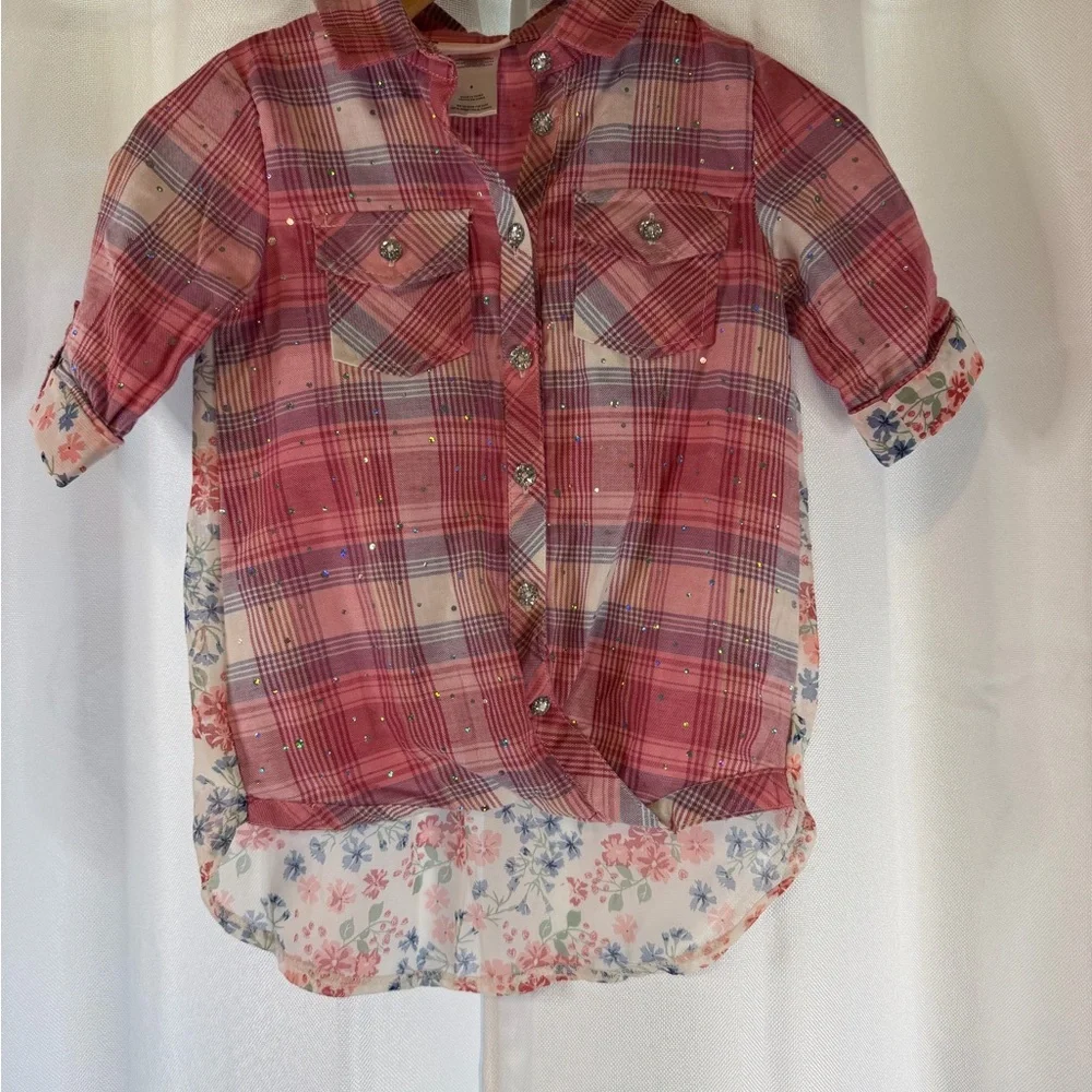 Little Lass Pink Plaid Button-Down Shirt with Floral Back - Picture 2 of 6